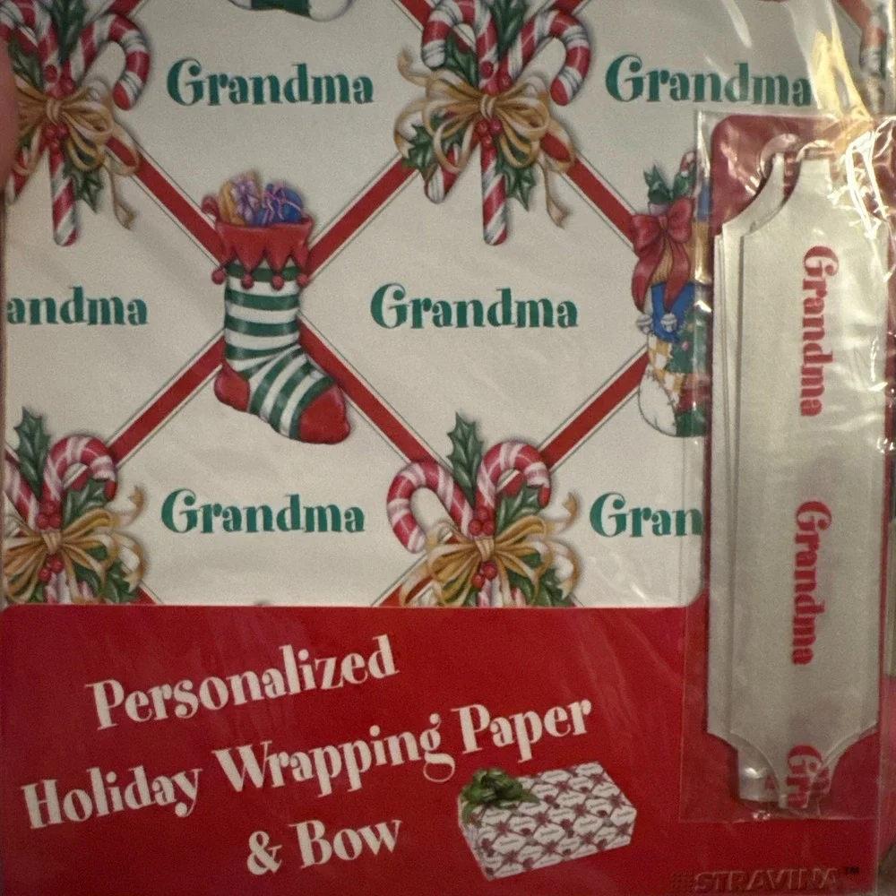 3 VTG Holiday Christmas Wrapping Paper & Pull Bow Personalized  GRANDMA Stravina